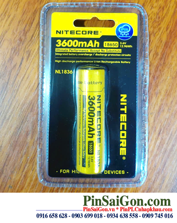 Nitecore NL1836; Pin sạc 18650 lithium 3.7v-Max 4.2v Nitecore NL1836 (3600mAh Nội trở 12.96Wh, 3A)